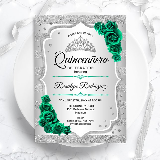 Silver Green Quinceanera Einladung (Von Creator hochgeladen)