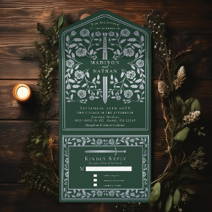 Silver Green Royal Medieval Sword Wedding All In One Einladung