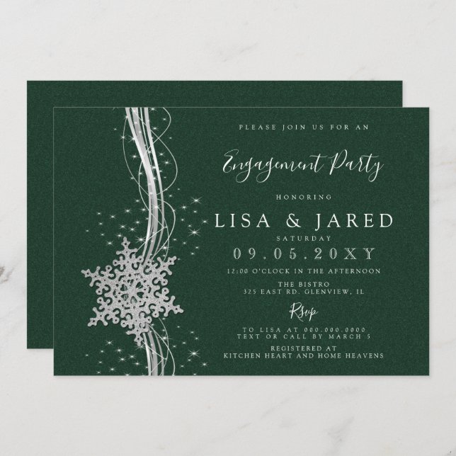 Silver Green Snowflakes Winter Engagement Party Einladung (Vorne/Hinten)