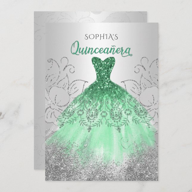 Silver Green Sparkle Dress Quinceañera Quince Einladung (Vorne/Hinten)