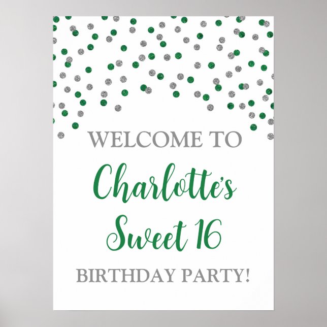 Silver Green Sweet 16 Birthday Custom 18x24 Poster (Vorne)
