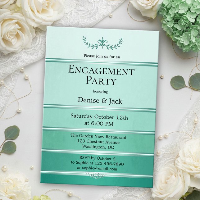 Silver Green Ton sur Ton Striping Party Einladung (Engagement party invitation featuring painted green tone on tone stripes with a silver lining)