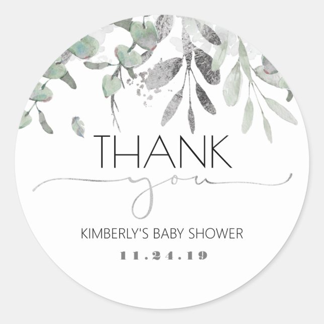 Silver Greenery Baby Shower Classic Round Sticker (Vorderseite)