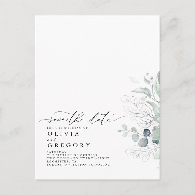 Silver Greenery Modern Elegant Save the Date Ankündigungspostkarte (Vorderseite)
