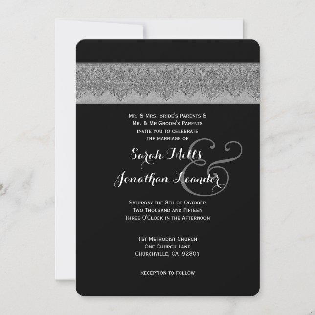 Silver Grey and Black Damask Wedding Template V07 Einladung (Vorderseite)