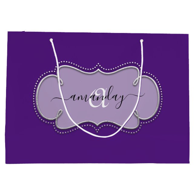 Silver Grey Gerahmt Royal Monogram Name Lila Plum Große Geschenktüte (Rückseite)