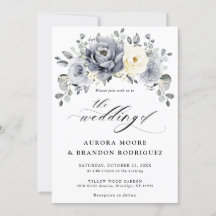 Silver Grey Ivory Floral Winter Rustic Wedding Inv