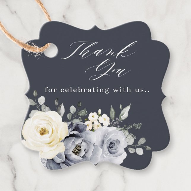 Silver Grey Ivory Floral Winter Rustikale Hochzeit Geschenkanhänger (Vorderseite)