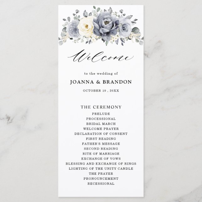 Silver Grey Ivory Floral Winter Rustikale Hochzeit Programm (Vorderseite)