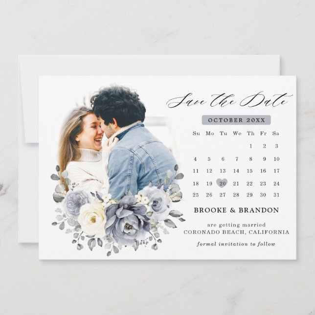 Silver Grey Ivory Floral Winter Rustikale Hochzeit Save The Date (Vorderseite)