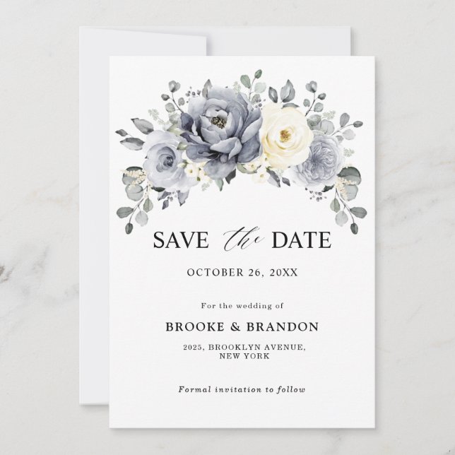 Silver Grey Ivory Floral Winter Rustikale Hochzeit Save The Date (Vorderseite)