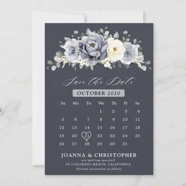 Silver Grey Ivory Floral Winter Rustikaler Kalende Save The Date (Vorderseite)