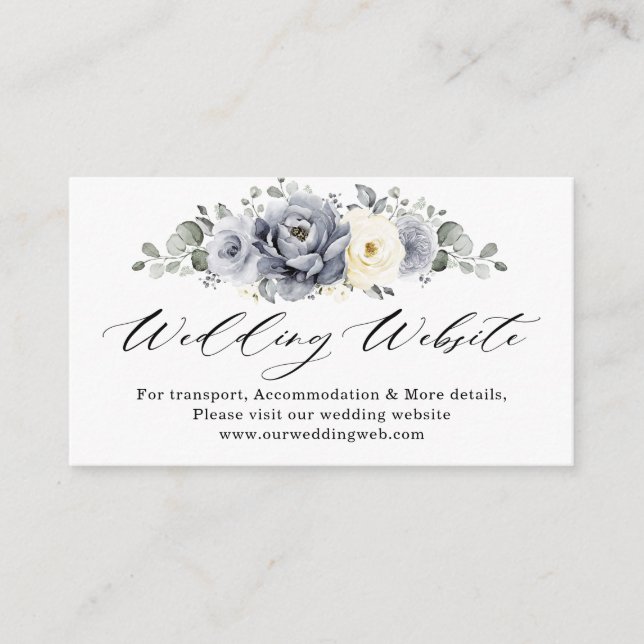 Silver Grey Ivory Floral Winter Wedding Website Begleitkarte (Vorderseite)