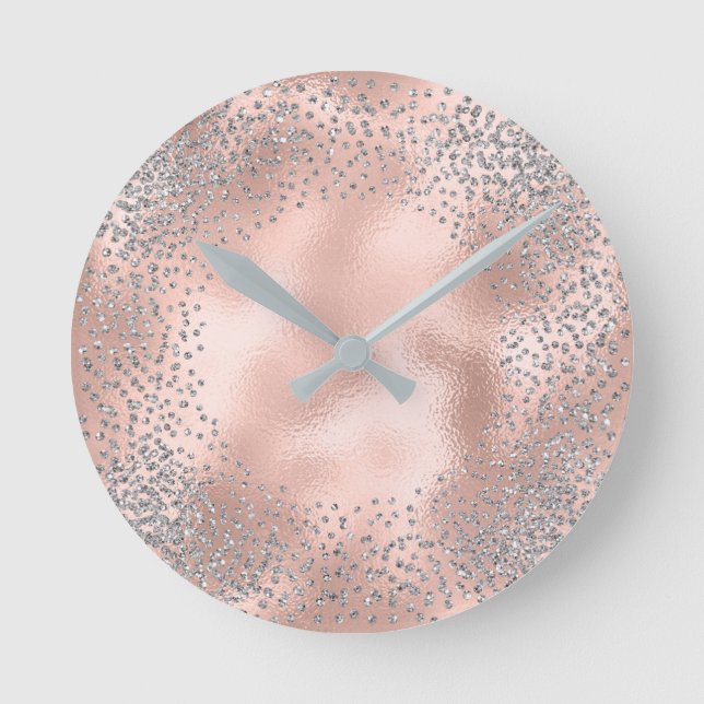 Silver Grey Metallic Confetti Glitzer Blush Pink Runde Wanduhr (Vorderseite)