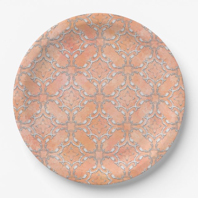 Silver Grey Pink Orange Metallic Filagree Pattern Pappteller (Vorderseite)