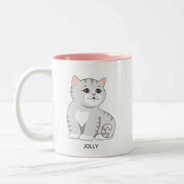 Silver Grey Tabby Kitty Cat & Personalisiert Text  Zweifarbige Tasse (Links)