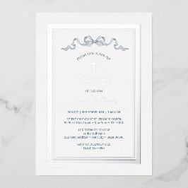 Silver Griechischer Rahmen Dusty Blue Bow Taufe Folieneinladung