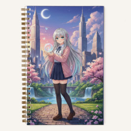 Silver Hair Anime Girl & Glowing Butterfly Orb Notizbuch