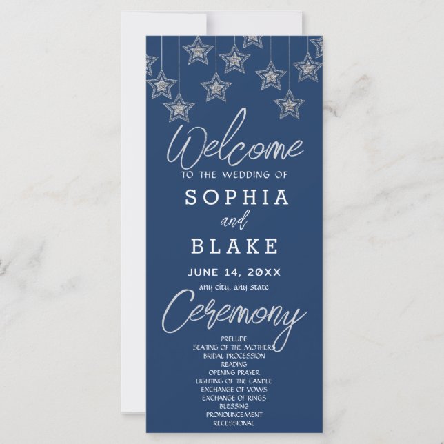 Silver Hanging Stars Dark Blue Wedding Program (Vorderseite)
