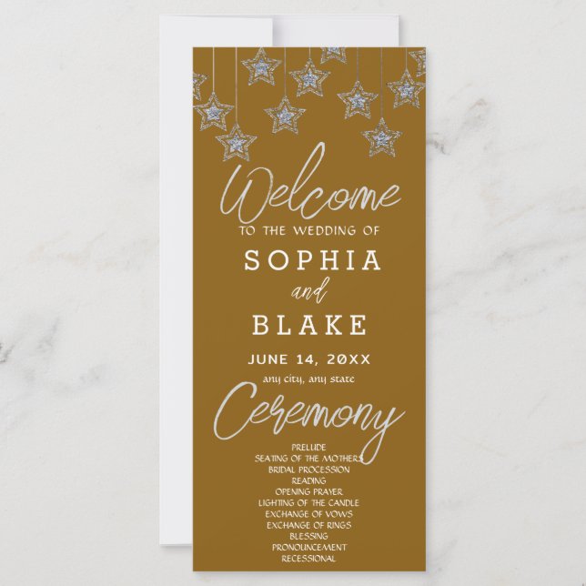 Silver Hanging Stars Dark Gold Wedding Program (Vorderseite)