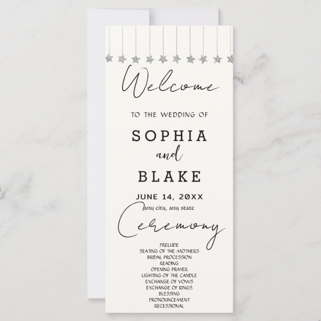 Silver Hanging Stars Off White Wedding Programm (Vorderseite)