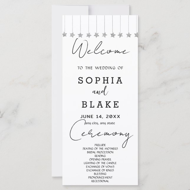Silver Hanging Stars White Wedding Program (Vorderseite)