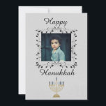 Silver Hanukkah Foto Feiertagskarte<br><div class="desc">Freuen Sie sich auf diese Hanukkah mit diesem silbernen Foto Grußkarte. Mit "Happy Hanukkah" geschrieben um ein schönes Bild,  fügen Sie Ihr Foto in die Mitte. Bestelle noch heute! Menorah: Sonya DeHart Design http://www.sonyadehartdesign.com | http://www.sonyadehartdesign.etsy.com</div>