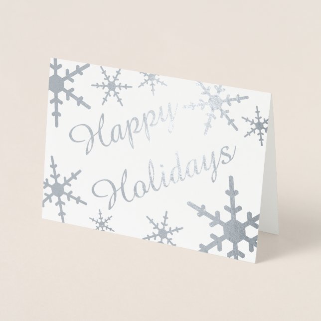 Silver Happy Holidays Script Snowflakes Folienkarte (Vorderseite)