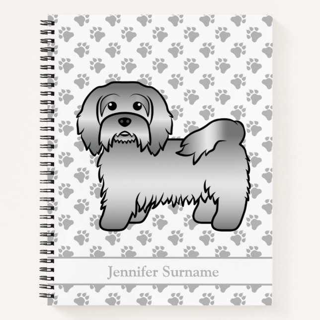 Silver Havanese Cartoon Dog Illustration & Name Notizbuch (Vorderseite)