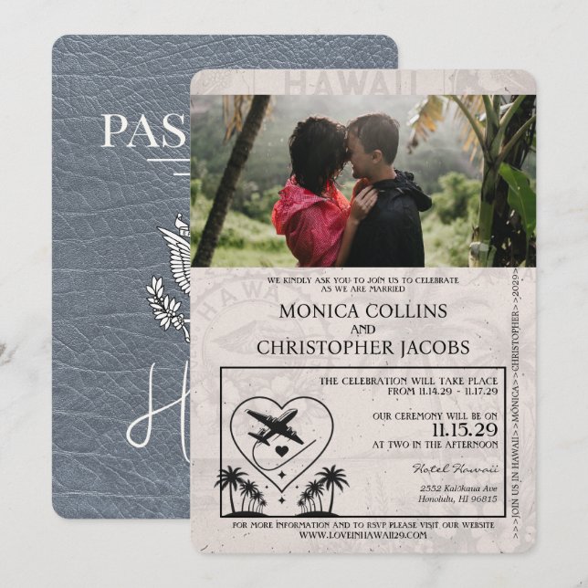 Silver Hawaii Passport Wedding Einladung (Vorne/Hinten)