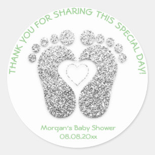 Silver Heart Feet Baby Dusche Gefallen Danke Minze Runder Aufkleber