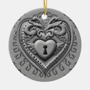 Silver Heart Lock Keramikornament