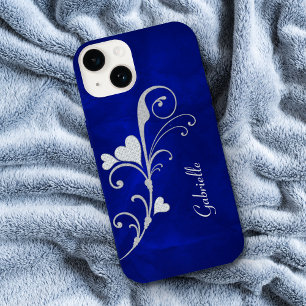 Silver Heart Swirl Sparkle on Blue Case-Mate iPhone Hülle