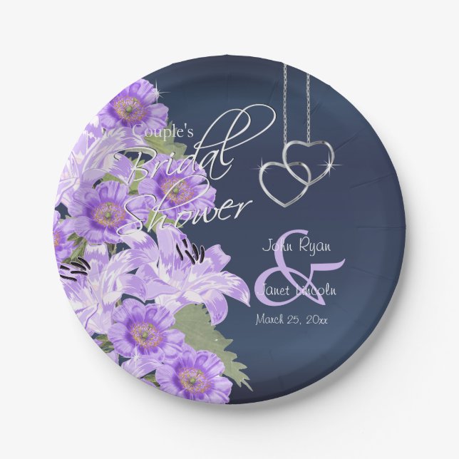 Silver Hearts on Lavender & Navy Satin Pappteller (Vorderseite)