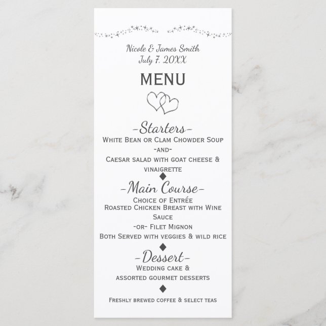 Silver Hearts & Sparkle Glamour Wedding Menu Menükarte (Vorderseite)