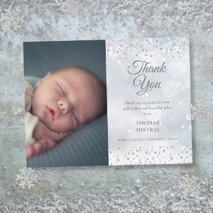 Silver Hearts Vielen Dank Foto Winter Baby Birth Ankündigungspostkarte