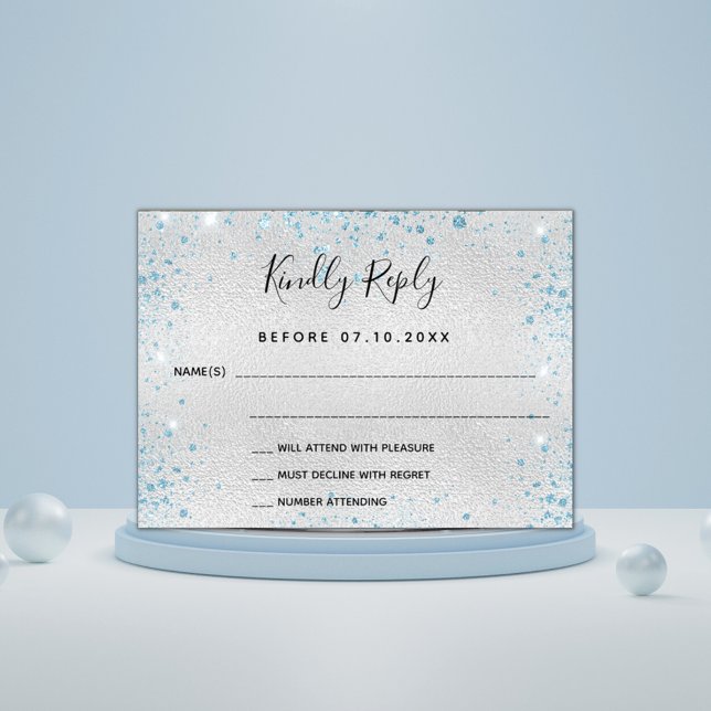 Silver hellblauer Glitzer Budget Hochzeit RSVP Flyer (Von Creator hochgeladen)