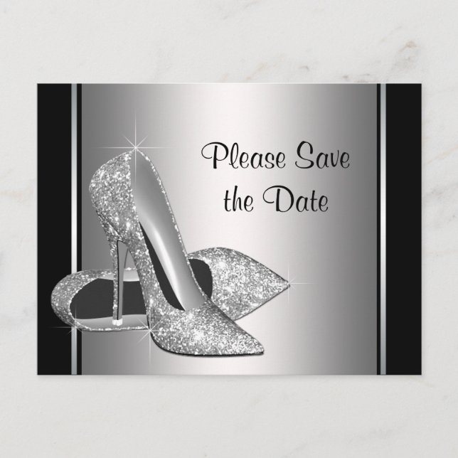 Silver High Heel Shoe Save the Date Ankündigungspostkarte (Vorderseite)