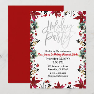 Silver Holiday Party Poinsettia Blumenweihnacht Einladung