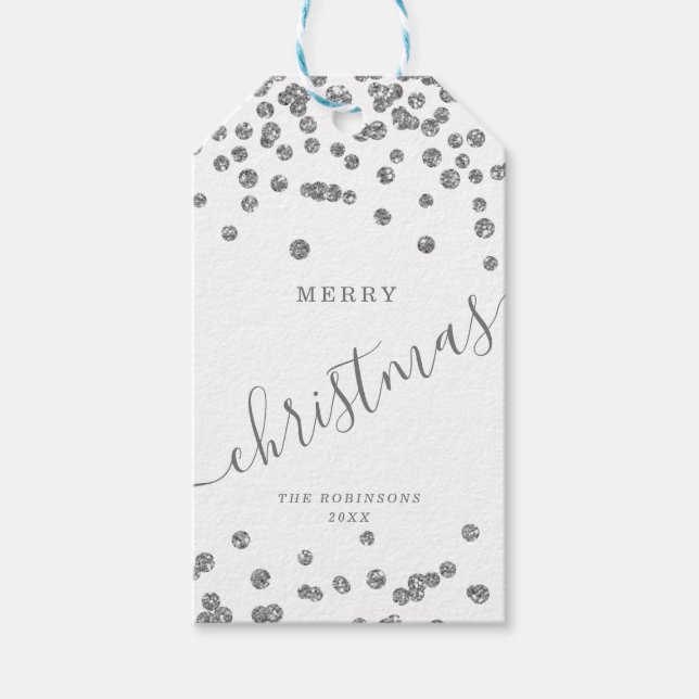 Silver Holiday Weihnachten Glitzer Confetti White Geschenkanhänger (Vorderseite)