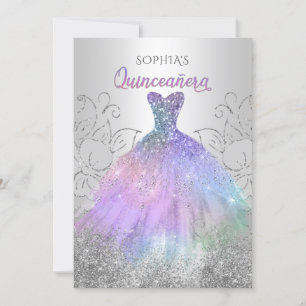 Silver Hologram Glitzer Dress Quinceañera Quince Einladung