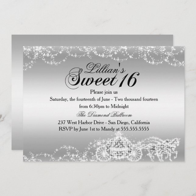 Silver Horse Carriage Princess Sweet 16 Invite Einladung (Vorne/Hinten)