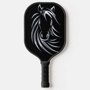 Silver Horse Head auf Black Pickleball Schläger