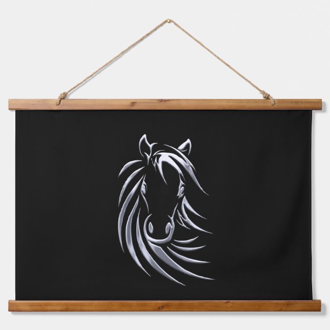 Silver Horse Head auf Black Wandteppich Mit Holzrahmen (Vorne)