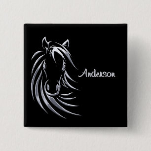 Silver Horse Head auf Personalisiertem Schwarzen S Button