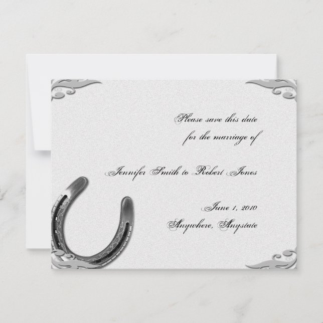 Silver Horseshoe auf White Wedding Save the Date (Vorderseite)