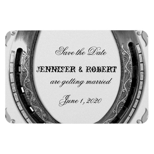 Silver Horseshoe auf White Wedding Save the Date Magnet (Horizontal)
