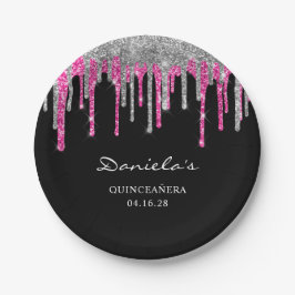 Silver Hot Pink Glitzer Tropfen Black Quinceañera Pappteller