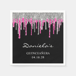 Silver Hot Pink Glitzer Tropfen Black Quinceañera Serviette