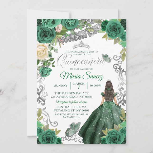Silver Hunter Green Mexican Floral Quinceañera Einladung (Vorderseite)